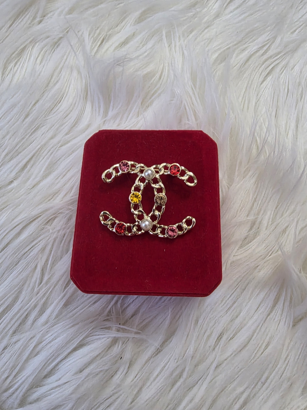 Gold Chain CC Brooch with Multicolored Stones